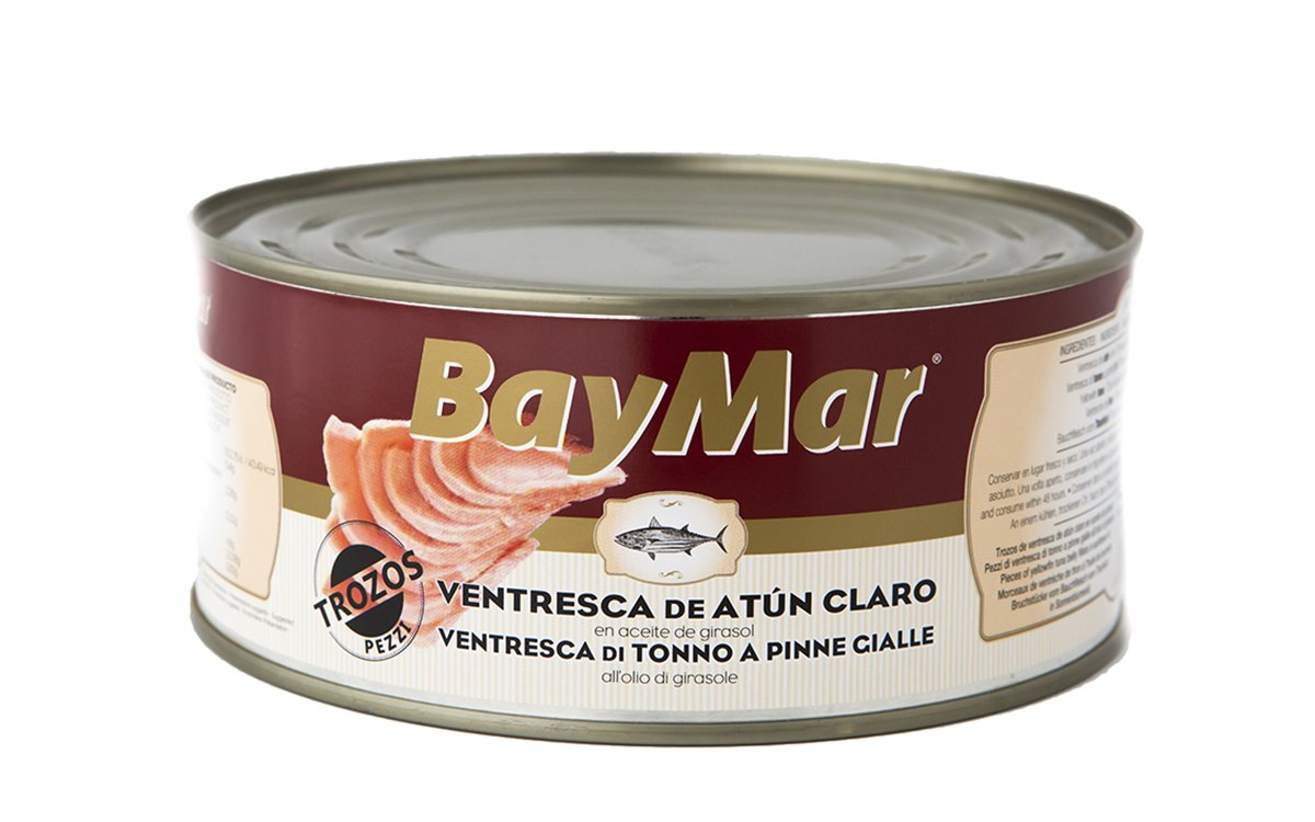Trozos de ventresca de atún claro en aceite de girasol. 900 g/650 g esc